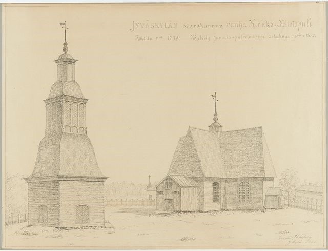 Piirustus Jyväskylän vanhasta kirkosta ja kellotapulista