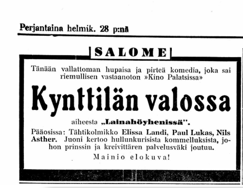 Kuva: Salome-teatterin mainos Keskisuomalaisessa 1936